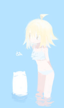 1girl 1other ahoge arms_behind_back bare_legs bare_shoulders bikini black_eyes blob blonde_hair blue_background copyright_name creature expressionless frilled_bikini frills hair_between_eyes highres kokaki_mumose leaning_forward looking_to_the_side medium_hair no_lineart null-meta open_mouth reflection reflective_liquid ripples shade stomach swimsuit uozumi_kurumi wading water white_bikini