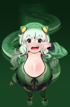 1girl absurdres blush boomslang_(kemono_friends) breasts cleavage emil_(fafa) fangs from_above gradient_ribbon green_eyes green_hair green_hoodie green_thighhighs hair_between_eyes highres hood hood_up hoodie huge_breasts jacket kemono_friends kemono_friends_3 long_hair long_sleeves looking_at_viewer multicolored_hair multicolored_hoodie open_mouth paid_reward_available pleated_skirt print_hoodie print_jacket print_thighhighs ribbon skirt snake_girl snake_hood snake_print snake_tail solo striped_tail tail thighhighs