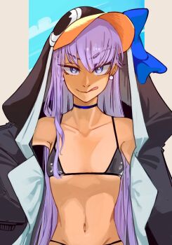 1girl animal_costume animal_hood bare_shoulders bikini black_bikini blue_eyes dark-skinned_female dark_skin earrings fate/grand_order fate_(series) hood jewelry long_hair looking_at_viewer meltryllis meltryllis_(fate) meltryllis_(swimsuit_lancer)_(fate) meltryllis_(swimsuit_lancer)_(first_ascension)_(fate) navel penguin_costume penguin_hood purple_hair seductive_smile smile solo swimsuit toastitos tongue tongue_out