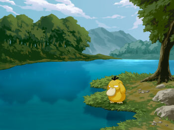 blue_sky closed_mouth commentary_request day gen_1_pokemon hands_on_own_head mk_(mikka) mountain nintendo no_humans outdoors pokemon pokemon_(creature) psyduck river rock scenery sky solo tree wide_shot