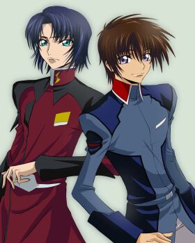 2boys athrun_zala blue_hair brown_hair clamp_(circle)_(style) code_geass green_eyes gundam gundam_seed gundam_seed_destiny gundam_seed_freedom highres kira_yamato male_focus military military_uniform multiple_boys parody purple_eyes short_hair simple_background yamabuki_tt zaft_uniform