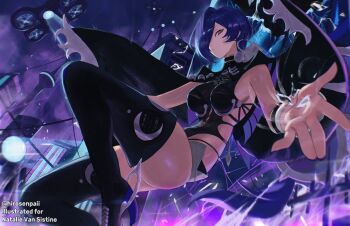 1girl black_boots black_coat black_leotard boots breasts building coat commentary drone earrings hair_over_one_eye highres hirosenpai jewelry large_breasts leotard long_hair looking_at_viewer night promeia_(zenless_zone_zero) purple_eyes purple_hair skyscraper solo thighs twitter_username very_long_hair zenless_zone_zero