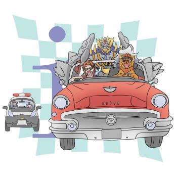 Rule 34 | banchogolemon, bancholeomon, cat, daimon masaru (digimon savers), digimon, digimon (creature), driving, fujieda yoshino, lalamon, open mouth, sharp teeth, sunglasses, teeth