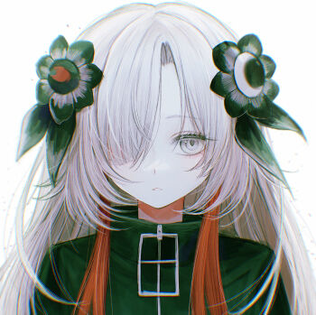 Rule 34 | 1girl, black flower, black jacket, chinese commentary, commentary request, flower, grey eyes, grey hair, hair flower, hair ornament, hair over one eye, hourai kiriri, isekaijoucho, jacket, kamitsubaki studio, long hair, looking at viewer, multicolored hair, parted lips, portrait, red hair, red streaks, simple background, solo, two-tone hair, virtual youtuber, white background