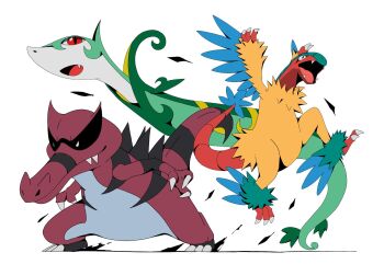 archeops black_eyes claws fang fangs fangs_out gen_5_pokemon highres krookodile nintendo no_humans open_mouth pokemon pokemon_(creature) pokemon_focus psaber97 red_eyes serperior standing tongue white_background