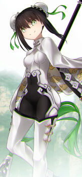 1girl arm_guards black_bodysuit black_gloves black_hair bodysuit breasts bun_cover capelet cloud_print double_bun elbow_gloves fate/grand_order fate_(series) gloves green_eyes green_ribbon hair_bun hair_ribbon highres looking_at_viewer medium_breasts medium_hair polearm qin_liangyu_(fate) ribbon sidelocks smile solo spear thighhighs thighs weapon white_bodysuit white_capelet white_thighhighs yubeshi_(zecxl)