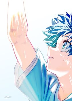 1boy arm_up artist_name blue_shirt boku_no_hero_academia floating_hair freckles from_side green_eyes green_hair highres looking_up male_focus midoriya_izuku mori_13dec2018 shirt short_hair simple_background solo teeth white_background
