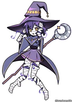 1girl absurdres bandaged_arm bandaged_head bandaged_leg bandages belt colored_skin commentary commission english_commentary full_body hat highres looking_at_viewer mage_staff open_mouth original purple_hair purple_robe purple_skin purple_skirt robe simple_background skirt solo staff starry_skin triangle_mouth tsunderemaids twitter_username white_background wide_sleeves witch witch_hat yellow_eyes