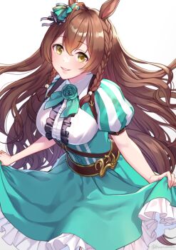 Rule 34 | 1girl, ahoge, akatsuki (kuon), animal ears, aqua dress, aqua flower, aqua rose, belt, blue dress, blush, bow, braid, breasts, brown belt, brown eyes, brown hair, center frills, commentary request, dress, ear bow, flower, frills, green flower, green rose, hair between eyes, hair ornament, horse ears, horse girl, horse tail, large breasts, long hair, looking at viewer, mejiro bright (brunissage line) (umamusume), mejiro bright (umamusume), parted lips, puffy short sleeves, puffy sleeves, rose, short sleeves, simple background, skirt hold, smile, solo, tail, twin braids, umamusume, white background
