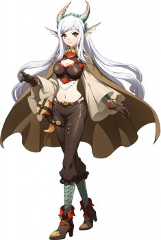 1girl animal_ears belt boots breasts brown_boots brown_cloak brown_gloves brown_panties brown_pants brown_shirt cleavage cleavage_cutout cloak clothing_cutout criss-cross_halter crop_top crossed_legs dragon_ears dragon_girl dragon_horns fins floating_cape floating_hair fold-over_boots frilled_pants frills full_body game_cg gloves green_horns halterneck head_fins high_heel_boots high_heels horns lace langrisser langrisser_mobile langrisser_re:incarnation light_smile long_hair long_sidelocks long_sleeves looking_at_viewer medium_breasts midriff navel official_art panties pants panty_straps parted_lips pointy_ears red_eyes red_trim renata_(langrisser) scales shirt sidelocks simple_background solo standing tachi-e third-party_source transparent_background underwear white_hair wide_sleeves
