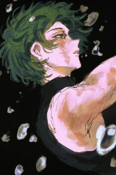 1girl absurdres baku_mbu black_background burn_scar commentary green_hair highres jujutsu_kaisen looking_ahead parted_lips portrait scar scar_on_arm scar_on_face scars_all_over short_hair solo too_many water_drop yellow_eyes zen'in_maki zen'in_maki_(post_shibuya)