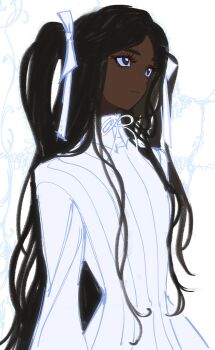 Rule 34 | 1girl, absurdres, black eyes, black hair, blue pupils, breasts, closed mouth, cookibites, dark-skinned female, dark skin, dress, expressionless, hair ribbon, high collar, highres, light frown, long hair, long sleeves, looking ahead, middle part, neck ribbon, original, parted hair, ribbed dress, ribbon, simple background, small breasts, solo, two side up, upper body, very dark skin, very long hair, white background, white dress, white ribbon