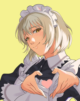 1girl apron black_dress blonde_hair brown_eyes collared_dress commentary_request dress dungeon_meshi falin_touden hair_between_eyes heart heart_hands light_blush looking_at_viewer maid maid_apron maid_headdress short_hair smile solo upper_body white_apron yellow_background yumi_zua