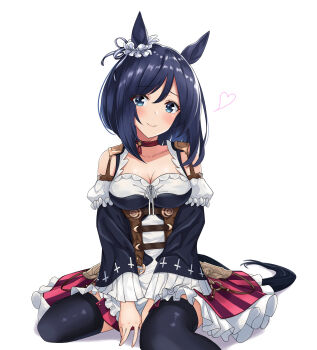 Rule 34 | 1girl, absurdres, animal ears, black hair, blue eyes, bob cut, bodice, breasts, chiro (chirolchoco25), choker, cleavage, commentary request, detached sleeves, dirndl, ear scrunchie, eishin flash (meisterschaft) (umamusume), eishin flash (umamusume), german clothes, hair between eyes, heart, highres, horse ears, horse girl, horse tail, long sleeves, looking at viewer, red choker, scrunchie, simple background, smile, solo, tail, umamusume, white background, white scrunchie