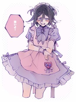 1boy alternate_costume annoyed apron blush_stickers bow bowtie collared_shirt commentary_request cropped_legs crossdressing crossdressing_(mtf) crossed_arms danganronpa_(series) danganronpa_v3:_killing_harmony dress enmaided flipped_hair frilled_dress frills glaring grey_apron grey_dress hair_between_eyes hamipuro highres maid maid_headdress male_focus male_maid medium_hair oma_kokichi partial_commentary puffy_short_sleeves puffy_sleeves shirt short_hair short_sleeves simple_background solo speech_bubble teeth translation_request trap two_side_up upper_teeth_only white_background wrist_cuffs