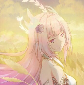 1girl bare_shoulders breasts commentary cyrene_(aedes_elysiae)_(honkai:_star_rail) cyrene_(honkai:_star_rail) diamond-shaped_pupils diamond_(shape) flower hair_flower hair_ornament honkai:_star_rail honkai_(series) large_breasts long_hair looking_at_viewer pink_hair purple_eyes risdiya smile solo symbol-shaped_pupils upper_body very_long_hair wheat wheat_field