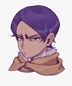 1boy black_eyes brown_cape cape character_request closed_mouth commentary_request copyright_request cropped_head dark-skinned_male dark_skin highres looking_at_viewer male_focus okubatomaeba parted_bangs purple_hair sanpaku serious short_hair simple_background solo v-shaped_eyebrows white_background