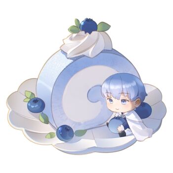 1boy blue_eyes blue_hair blueberry cake chibi chibi_only commentary cream english_commentary food fruit grey_cloak hair_between_eyes highres himmel_(sousou_no_frieren) holding holding_food ikachyu pants plate simple_background sitting sousou_no_frieren swiss_roll