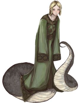 1girl alternate_form blonde_hair braid braided_hair_rings double-parted_bangs dress elden_ring forked_tongue green_dress green_eyes hair_rings highres lamia long_sleeves looking_at_viewer monster_girl no_feet no_hands noipot ornate_clothes rya_(elden_ring) short_hair sleeves_past_wrists snake_tail solo tail tongue white_background wide_sleeves