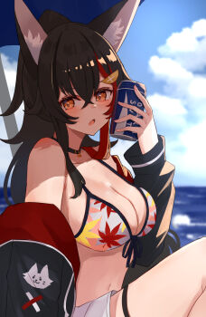 1girl absurdres animal_ears beach_umbrella bikini black_choker black_hair black_jacket blue_sky blush breasts can cat_choker choker cleavage cloud cloudy_sky commentary crossed_bangs drink drink_can feet_out_of_frame from_side front-tie_bikini_top front-tie_top hair_between_eyes highres holding holding_drink hololive jacket large_breasts leaf_print long_hair looking_at_viewer maple_leaf_print multicolored_hair navel ocean off_shoulder official_alternate_costume official_alternate_hairstyle ookami_mio ookami_mio_(hololive_summer_2019) open_clothes open_jacket open_mouth orange_eyes ponytail print_bikini red_hair red_jacket shorts sitting sky soda_can solo streaked_hair swimsuit thigh_strap tukijika two-sided_fabric two-sided_jacket two-tone_hair umbrella virtual_youtuber white_shorts wolf_ears wolf_girl