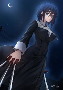 1girl artist_name black_dress blue_eyes blue_hair breasts ciel_(tsukihime) commentary_request crescent dress highres large_breasts looking_at_viewer moon night nun short_hair solo tsukihime twitter_username vent_vert_(kuuya) weapon