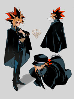 1boy ankh belt black_cloak black_hair black_hat black_pants blonde_hair cloak hat highres jingshen_fensui multicolored_hair pants peaked_cap poses red_eyes red_hair simple_background spiked_hair yami_yugi yu-gi-oh! yu-gi-oh!_duel_monsters