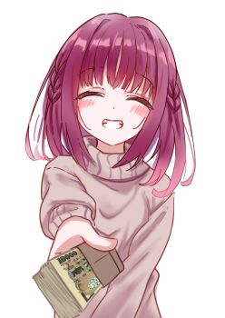 1girl :d ^_^ banknote blush braid brown_sweater charcoa72170283 closed_eyes commentary_request facing_viewer futamihara_ririko grin hair_intakes happy highres holding holding_money limelight_lemonade_jam long_sleeves medium_hair money open_mouth reaching reaching_towards_viewer red_hair side_braids simple_background smile solo sweater turtleneck turtleneck_sweater upper_body white_background