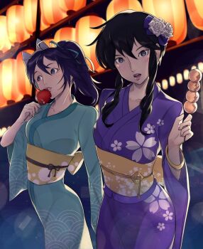 Rule 34 | 2girls, alternate costume, black hair, blush, bracelet, candy apple, commission, commissioner upload, festival, fir (fire emblem), fire emblem, fire emblem: genealogy of the holy war, fire emblem: the binding blade, floral print, flower, food, hair flower, hair ornament, hair ribbon, highres, japanese clothes, jewelry, kimono, lantern, larcei (fire emblem), long hair, looking at viewer, looking to the side, mask, mask on head, multiple girls, nintendo, obi, ponytail, print kimono, purple hair, ribbon, sash, short hair, sidelocks, standing, summer festival, takoyaki, walking, wanderstillart, yukata