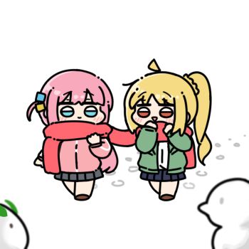 2girls ahoge blonde_hair blue_eyes bocchi_the_rock! commentary_request footprints gotoh_hitori green_jacket ijichi_nijika jacket long_hair long_sleeves looking_at_another multiple_girls one_side_up pink_hair pink_jacket pleated_skirt ponytail scarf shared_clothes shared_scarf skirt smile snow_rabbit white_background yakotako