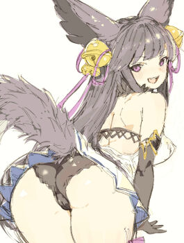 1girl animal_ears ass bare_shoulders bell black_gloves black_hair black_panties blush breasts commentary dress erune fox_ears fox_girl fox_tail from_behind gloves gorirago granblue_fantasy hair_bell hair_ornament highres jingle_bell long_hair looking_at_viewer looking_back open_mouth panties purple_eyes simple_background solo tail underwear white_background white_dress yuel_(granblue_fantasy)