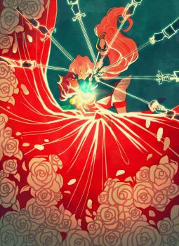 2girls blue_background blue_jacket closed_eyes dark-skinned_female dark_skin dress flower glasses highres himemiya_anthy holding holding_sword holding_weapon jacket lemolunes long_dress long_hair multiple_girls parted_bangs pink_hair purple_hair red_dress red_shorts red_wrist_cuffs rose short_hair shorts shoujo_kakumei_utena skirt sword tenjou_utena tiara weapon white_skirt wrist_cuffs yuri