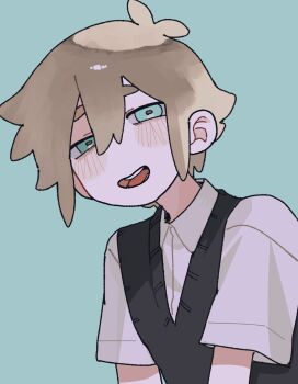 1boy alternate_color basil_(faraway)_(omori) basil_(omori) black_sweater_vest blonde_hair blue_background blue_eyes blush collared_shirt commentary_request double-parted_bangs hair_between_eyes highres looking_at_viewer male_focus munagenekono omori open_mouth shirt short_hair short_sleeves sidelocks simple_background smile solo sweater_vest teeth tongue upper_body white_shirt