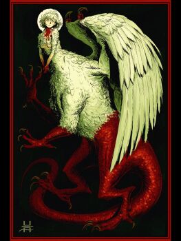 1girl black_background blood body_fur border chimera dragon_girl dungeon_meshi falin_touden falin_touden_(chimera) feathered_wings feathers framed full_body halo highres hushpuppyart monster_girl red_border signature solo talons white_feathers wings yellow_halo