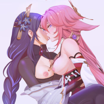 2girls absurdres animal_ear_piercing animal_ears artist_name bare_shoulders blunt_bangs blush braid breasts bridal_gauntlets center_opening close-up commentary couple detached_collar detached_sleeves english_commentary face-to-face fan_hair_ornament fingering fingering_through_clothes flower flower_ornament fox_ears fox_girl franniexo french_kiss genshin_impact glowing glowing_eyes gradient_hair hair_between_eyes hair_ornament hair_ribbon hand_on_another&#039;s_back headpiece heads_together highres imminent_kiss implied_fingering japanese_clothes jewelry kimono kiss large_breasts leaning_back leaning_forward leaning_on_person long_braid long_hair long_sleeves looking_to_the_side mole mole_under_eye multicolored_hair multiple_girls neck_ribbon nipples nontraditional_miko noses_touching off_shoulder open_mouth pendant pink_hair pink_nails puffy_nipples purple_background purple_eyes purple_flower purple_hair purple_kimono purple_thighhighs raiden_shogun red_ribbon ribbon sex shade shaded_face signature single_braid streaked_hair thighhighs through_clothes tongue tongue_out upper_body wide_sleeves yae_miko yuri