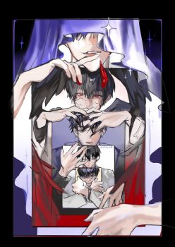 Rule 34 | 5boys, absurdres, black border, black hair, black wings, border, cloak, covered eyes, covering another's eyes, cracked skin, demon horns, facing viewer, feathered wings, finger to mouth, fractal, hashtag-only commentary, highres, holding portrait, horns, hugging object, iei, kim dokja, looking at viewer, miilkk0, multiple boys, multiple expressions, multiple persona, official alternate costume, oldest dream, omniscient reader's viewpoint, portrait (object), red eyes, red horns, red wings, secretive plotter, short hair, smirk, sparkle, two-tone wings, upper body, wings, yoo joonghyuk