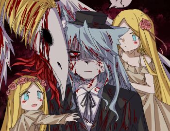 1boy 3girls ? ahoge animal_ears annoyed black_hat black_jacket black_ribbon black_souls black_souls_2 blonde_hair blood blood_in_hair blood_on_clothes blood_on_face blood_stain bloody_tears bloody_wings blue_eyes blue_hair blush child collared_shirt dress edith_(black_souls) edith_liddell_(black_souls) feathered_wings flower furry furry_male hair_ribbon happy hat head_wreath jack_(black_souls) jacket looking_at_another looking_at_viewer looking_to_the_side monster mu_blood multiple_girls open_clothes open_jacket open_mouth red_background red_eyes ribbon rose shirt smile spoken_question_mark white_shirt white_wings wings wolf wolf_ears