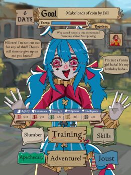 2girls absurdres alexandra_athana_(basedbinkie) animal_ears aqua_hair aqua_shirt armor basedbinkie blurry bob_cut brown_hair brown_pantyhose burn_scar club_(shape) colored_skin crying crying_with_eyes_open depth_of_field distress early_modern_english_text english_text facepaint frills gameplay_mechanics gauge heart highres hoplite horse_ears horse_girl horse_tail jester multiple_girls muscle_cuirass original pantyhose picture_frame pink_skin pink_vest pippi_panini_(basedbinkie) pointing pointing_up roman_armor scar scar_across_eye scar_on_arm scar_on_face scar_on_shoulder scars_all_over shirt short_hair speech_bubble stats striped_clothes tail tan tears toned toned_female too_many triangle_mouth twintails umamusume vest