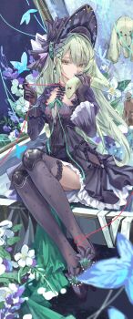 1girl absurdres animal_ears arknights bang_dream! bang_dream!_it&#039;s_mygo!!!!! black_bonnet black_dress black_gloves black_thighhighs blacky1266859 bonnet commentary dress earrings flower gloves green_hair highres holding_own_ears jewelry long_hair looking_at_viewer rabbit_ears rabbit_girl sitting solo string string_of_fate stuffed_animal stuffed_rabbit stuffed_toy thighhighs wakaba_mutsumi wakaba_mutsumi_(marionette&#039;s_id) yellow_eyes