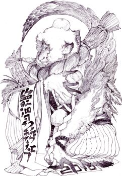 2016 absurdres animal chinese_zodiac clothed_animal commentary_request dated food fruit fuji_166 full_body greyscale highres holding holding_food holding_fruit mandarin_orange monkey monochrome nengajou new_year no_humans orange_(fruit) original rope shide shimenawa simple_background translation_request white_background year_of_the_monkey