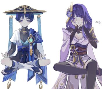 1boy 1girl aqua_gem arms_at_sides black_bodysuit black_bridal_gauntlets black_hair black_sandals black_shorts black_shrug black_thighhighs blue_bow blue_cape blue_hat blue_kimono blue_rope blue_sash blue_sleeves blunt_bangs blunt_ends bodysuit bow breasts bridal_gauntlets cape choppy_bangs cleavage closed_mouth covered_collarbone electro_symbol_(genshin_impact) empty_eyes english_text fan_hair_ornament feathers floating flower gem genshin_impact gold hair_flower hair_ornament hands_on_own_face hands_up hashtag-only_commentary hat highres indian_style japanese_clothes jingasa juban kimono layered_sleeves leg_warmers levitation light_blush long_hair looking_at_another looking_down medium_breasts mother_and_son multicolored_hair obi obiage obijime off_shoulder open_clothes open_hands open_kimono open_mouth pelvic_curtain pink_lips pom_pom_(clothes) purple_eyes purple_flower purple_gem purple_hair purple_kimono purple_sash raiden_shogun red_sash renyupa rope royal_ease sandals sash scaramouche_(genshin_impact) short_kimono short_sleeves shorts shoulder_peek shrug_(clothing) sideways_glance single_sidelock single_sode sitting streaked_hair swept_bangs teeth thighhighs tsurime twitter_username upper_teeth_only wanderer_(genshin_impact) white_kimono white_leg_warmers white_sleeves white_trim yellow_feathers zouri