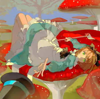 1girl absurdres blue_dress blunt_bangs bow bowtie brown_hair cardcaptor_sakura dress full_body green_eyes hashtag-only_commentary hat highres holding holding_wand kinomoto_sakura kinomoto_sakura_(princess_dreams) long_sleeves lying on_back short_hair shru_(ss_sl99) solo wand