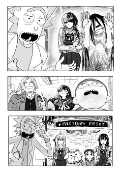 3boys 4girls ^_^ absurdres alexander_(fma) alisa_mikhailovna_kujou annoyed bow breasts clipboard closed_eyes collared_shirt crossed_arms crossover dress edward_elric fullmetal_alchemist fusion greyscale hair_behind_ear highres holding holding_clipboard hololive hololive_english jacket lab_coat looking_at_viewer medium_breasts monochrome morty_smith multicolored_hair multiple_boys multiple_crossover multiple_girls nina_tucker open_hand open_mouth pointing pointing_up ponytail reiquant rick_and_morty rick_sanchez saliva school_uniform shiori_novella shiori_novella_(1st_costume) shirt shou_tucker&#039;s_chimera smile smoke split-color_hair suou_yuki tearing_up tokidoki_bosotto_roshia-go_de_dereru_tonari_no_alya-san tongue tongue_out unibrow vest virtual_youtuber