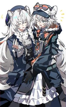 2girls :d alternate_costume animal_ear_fluff arknights black_gloves black_pantyhose blue_coat blue_hat blue_jacket blue_shorts braid chinese_commentary cliffheart_(arknights) closed_eyes coat commentary_request dress feet_out_of_frame fur-trimmed_hood fur_scarf fur_trim gloves grey_eyes grey_hair hair_between_eyes hat highres hood hood_down hooded_jacket hug jacket long_hair long_sleeves looking_at_another m_yiil77 multiple_girls one_eye_closed open_clothes open_jacket open_mouth pantyhose pramanix_(arknights) short_hair shorts smile snow_leopard_ears snow_leopard_girl snow_leopard_tail standing twin_braids very_long_hair white_dress white_hair winter_clothes