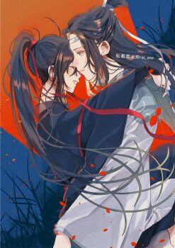 2boys ahoge amana_raika bishounen black_hair black_hanfu blush chinese_clothes closed_eyes closed_mouth couple falling_petals grass grin hair_ribbon hanfu headband high_ponytail highres hug lan_wangji long_hair long_sleeves looking_at_another male_focus modao_zushi moon multiple_boys open_mouth outdoors petals ponytail profile red_petals red_ribbon ribbon robe sidelocks smile topknot twitter_username wei_wuxian white_hanfu white_headband wide_sleeves xiao_guan_(headdress) yaoi yellow_eyes