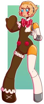 1girl aigis_(persona) artist_request blonde_hair blue_eyes bow confused female_focus food food_creature food_girl gynoid henshin highres living_food magic persona persona_3 ribbon robot robot_girl short_hair solo standing thick_thighs thighhighs thighs transformation transformation_(object) video_game