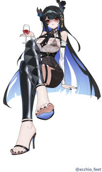 1girl absurdres armpit_crease artist_name bare_shoulders bikini black_bikini black_flower black_hair black_leggings black_nails black_necktie black_sandals black_skirt blue_hair blush breasts clothing_cutout colored_inner_hair crossed_legs cup detached_leggings drinking_glass ecchi-o eyelashes feet flower foot_focus hair_flower hair_ornament high-waist_skirt high_heel_sandals high_heels highres holding hololive impossible_clothes invisible_chair large_breasts large_variant_set leggings legs long_hair looking_at_viewer micro_bikini miniskirt multicolored_hair nail_polish necktie nerissa_ravencroft paid_reward_available red_eyes sandals see-through_clothes see-through_shirt shirt shoulder_cutout simple_background sitting skirt solo stiletto_heels strappy_heels swimsuit tassel toenail_polish toenails toes twitter_username variant_set very_long_hair virtual_youtuber white_background wine_glass