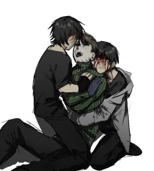 2boys afraid_of_monsters bag beard_stubble black_eyes black_gloves black_hair black_hoodie black_sclera black_shirt blood blood_from_forehead brotherhon56337 brown_hair clone_harem colored_sclera creator_connection cry_of_fear david_leatherhoff empty_eyes facial_hair fingerless_gloves gloves grey_gloves grey_hoodie group_sex hand_on_another's_chest hashtag-only_commentary hood hood_down hood_up hoodie hug hug_from_behind male_focus mmm_threesome multiple_boys scar scar_on_face seiza shirt short_hair shoulder_bag simon_henriksson simon_henriksson_(book) sitting smile stubble the_addiction_(afraid_of_monsters) threesome turtleneck yaoi