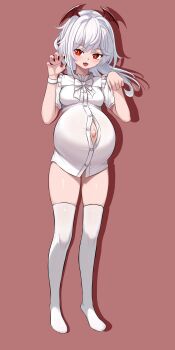 1girl absurdres bottomless bow bracelet breasts buttons claw_pose commentary_request djgh5738 full_body head_wings highres jewelry leggings long_hair navel navel_peek open_mouth original outie_navel partially_unbuttoned pregnant red_eyes red_nails red_wings shirt short_sleeves simple_background skindentation small_breasts solo thighhighs unbuttoned unbuttoned_shirt vampire white_bow white_hair white_leggings white_shirt wings