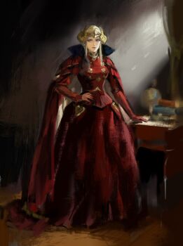 1girl armor blonde_hair book breasts cape commentary dress edelgard_von_hresvelg edelgard_von_hresvelg_(timeskip) expressionless fake_horns fire_emblem fire_emblem:_three_houses full_body globe gloves gown hand_on_own_hip hashtag-only_commentary highres horns looking_at_viewer medium_breasts nintendo purple_eyes red_armor red_cape red_dress red_gloves solo standing table teote