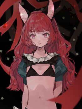 1girl animal_ear_fluff animal_ears arm_behind_back bikini black_bikini black_shrug blurry blurry_foreground cat_ears cat_girl closed_mouth commentary_request flat_chest frills hachimitsu_ame_(phoenix) halterneck highres kamitsubaki_studio light_blush long_hair looking_to_the_side navel neck_ruff neffy_(valis) puffy_short_sleeves puffy_sleeves purple_eyes red_hair short_sleeves shrug_(clothing) sinsekai_record slit_pupils solo standing stomach swimsuit upper_body valis_(sinsekai) virtual_youtuber